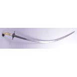 A FINE INDO PERSIAN SHAMSHIR SWORD with watered steel blade and cross guard, with bone handle,
