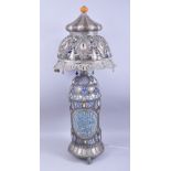 A LARGE 19TH / 20TH CENTURY MOROCCAN WHITE METAL AND CERAMIC CALLIGRAPHIC LAMP, the filigree style