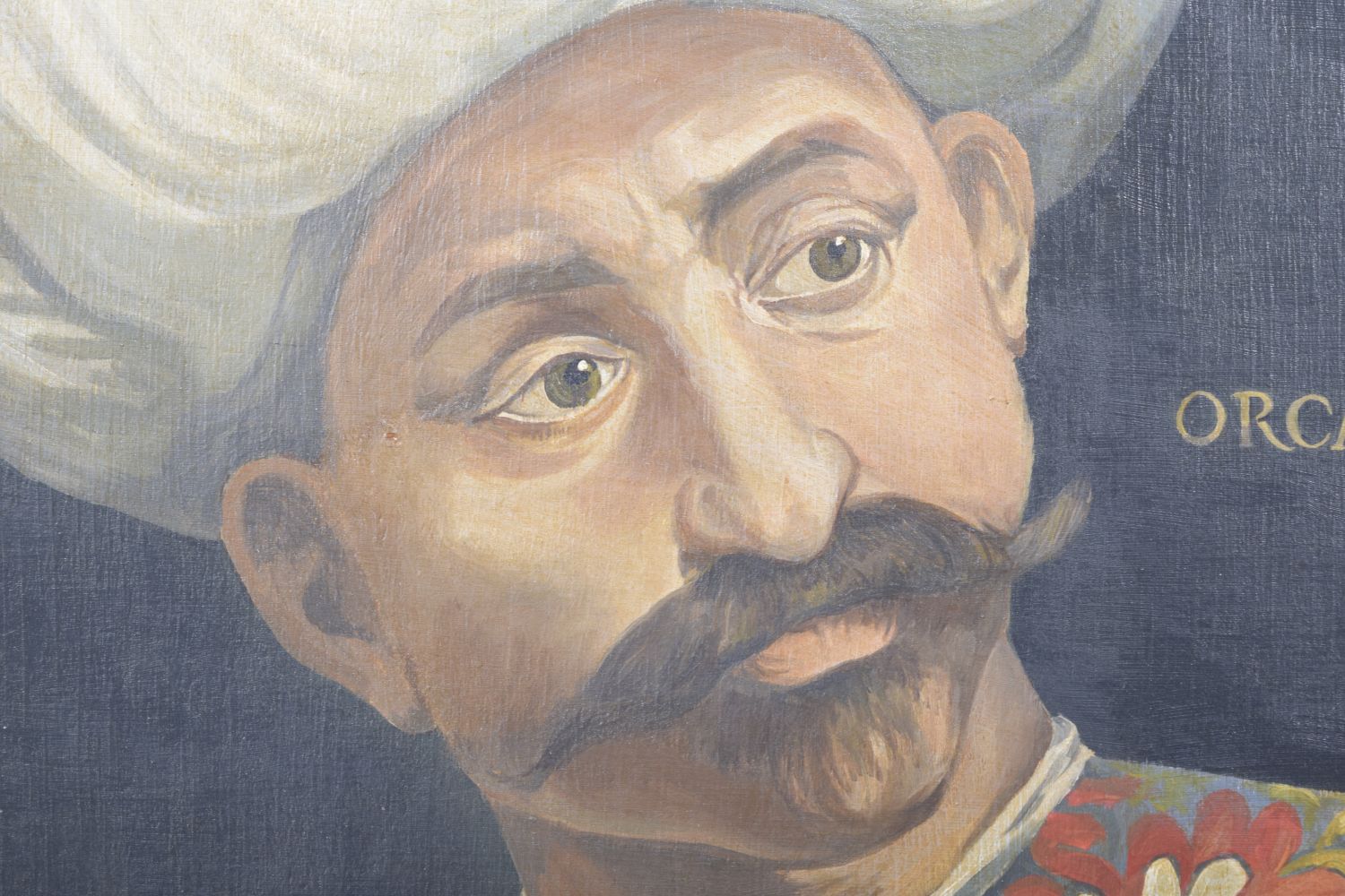 A CONTEMPORARY TURKISH OIL PAINTED PORTRAIT ON BOARD, depicting a sultan, 46cm x 44cm. - Image 2 of 4