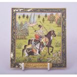 A FINE INDIAN MINATURE PAINTING ON IVORY, depicting figures on horseback in a landscape scene,