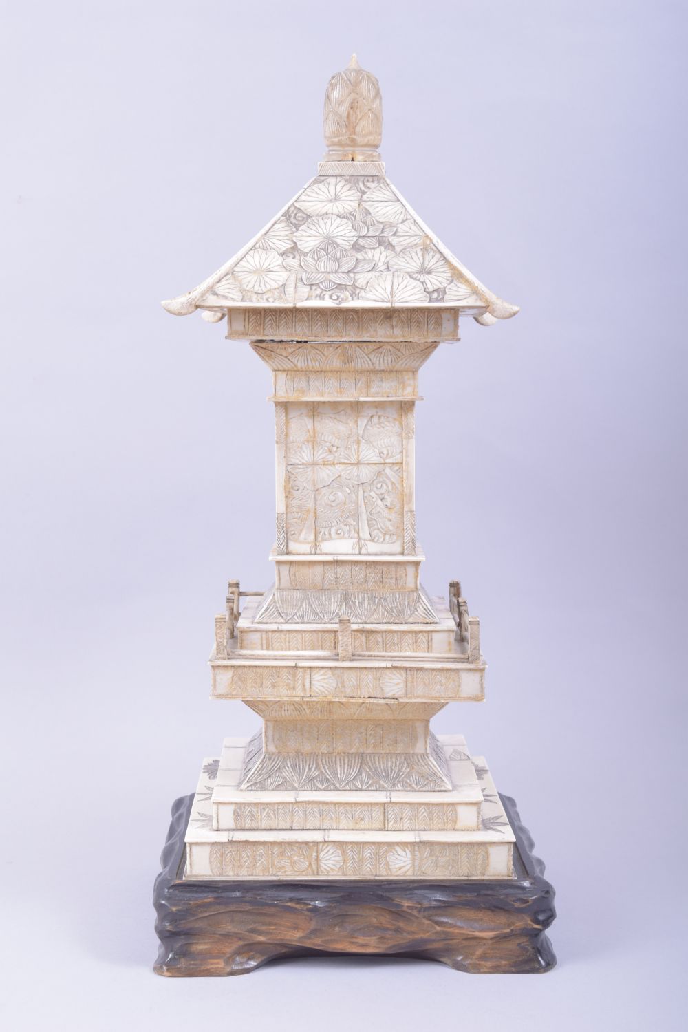 A CHINESE CARVED IVORY TEMPLE / PAGODA SHRINE, the central section with doors opening to reveal a - Image 4 of 12