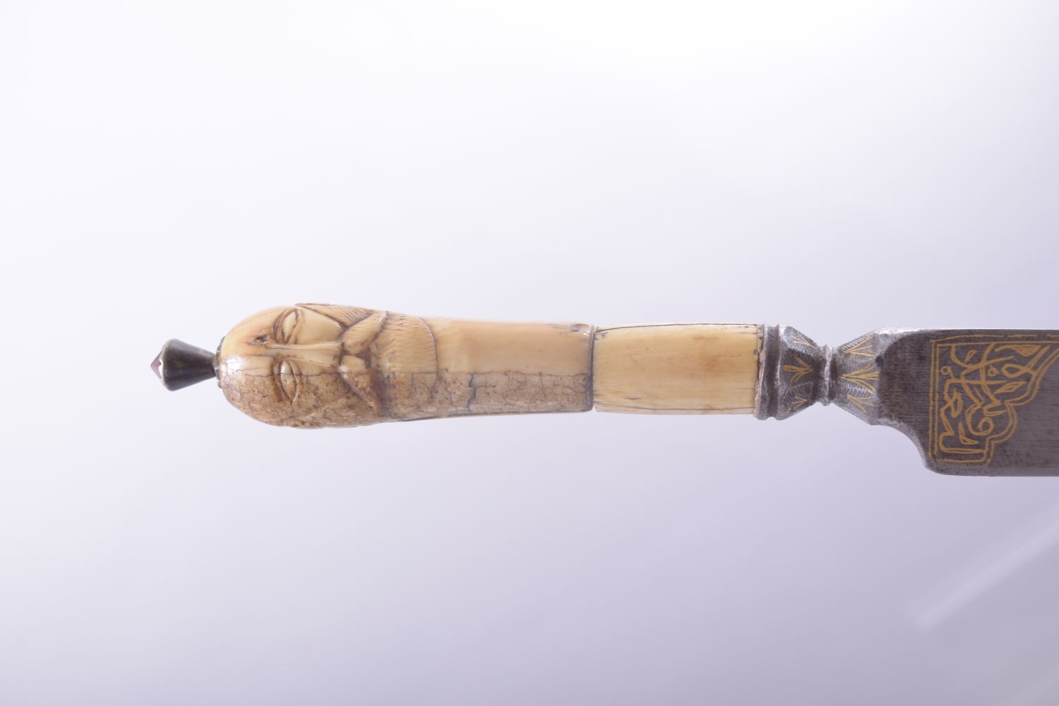 AN UNUSUAL OTTOMAN OR PERSIAN DAGGER with carved walrus handle in the form of a male face to - Image 5 of 6