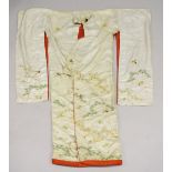 A LARGE CHINESE EMBROIDERED SILK ROBE, embroidered with gilt thread and depicting cranes, flowers