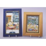 TWO FINE INDIAN MINIATURE PAINTINGS ON IVORY, both depicting couples in outdoor settings and with