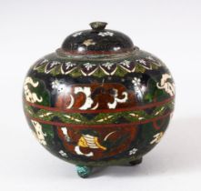 A JAPANESE CLOISONNE GLOBULAR KORO AND COVER, with panels of stylised phoenix and dragons, supported
