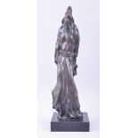 AN ORIENTAL ABSTRACT BRONZE STATUE of a sage like figure, mounted to a square form marble base,