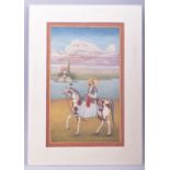 A GOOD INDIAN MINIATURE PAINTING ON PAPER of a figure on horseback in a landscape setting with