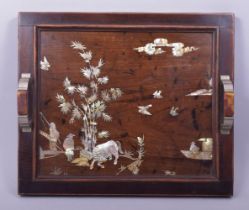A CHINESE MOTHER OF PEARL INLAID HARDWOOD PANEL converted into a tray, the panel decoratively inlaid