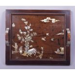 A CHINESE MOTHER OF PEARL INLAID HARDWOOD PANEL converted into a tray, the panel decoratively inlaid