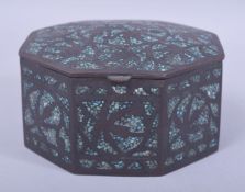 A FINE 19TH CENTURY INDIAN TURQUOISE INLAID BRASS OCTAGONAL LIDDED BOX, the turquoise inlay within a