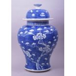 A LARGE CHINESE BLUE AND WHITE PORCELAIN PRUNUS JAR AND COVER, 35cm high overall.