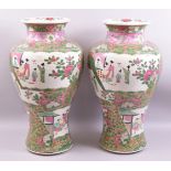A LARGE PAIR OF CHINESE FAMILLE ROSE / VERTE PORCELAIN VASES, painted with panels of female