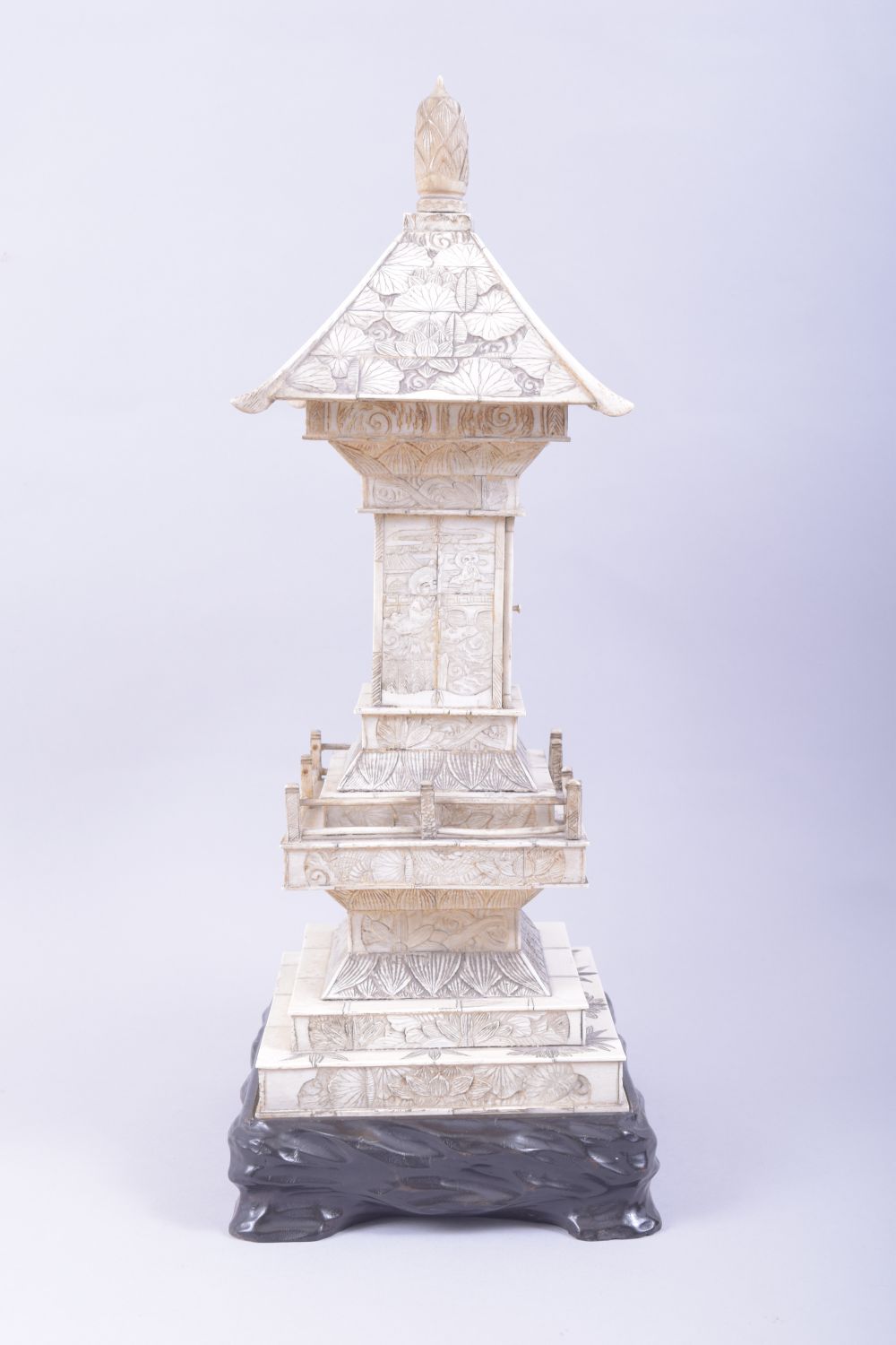 A CHINESE CARVED IVORY TEMPLE / PAGODA SHRINE, the central section with doors opening to reveal a - Image 5 of 12