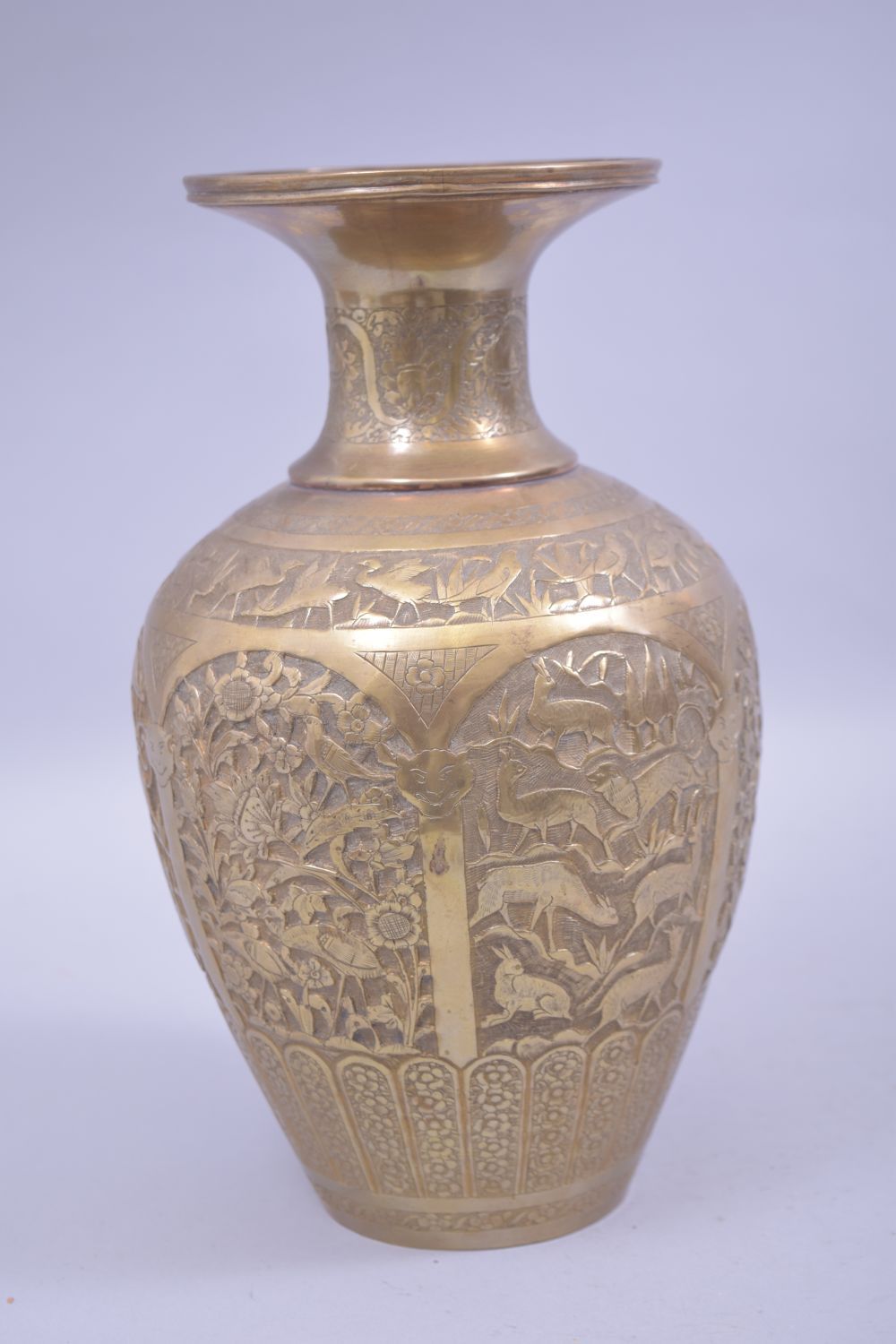 A PERSIAN BRASS RELIEF PANELLED VASE, with panels of animals amongst flora and birds, base soldered, - Image 4 of 6