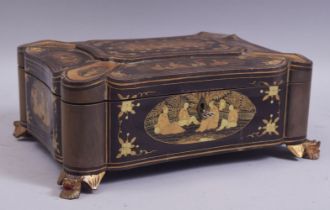 A GOOD CHINESE EXPORT LACQUERED SEWING BOX, with gilt decoration depicting panels of figures, the