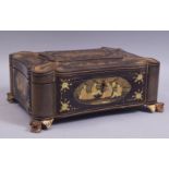 A GOOD CHINESE EXPORT LACQUERED SEWING BOX, with gilt decoration depicting panels of figures, the