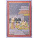 A GOOD INDIAN MINIATURE PAINTING ON PAPER of a courting couple with attendants, unframed, 29.5cm x