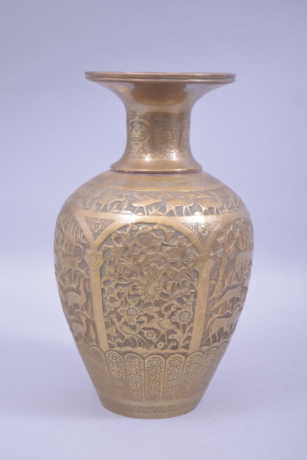 A PERSIAN BRASS RELIEF PANELLED VASE, with panels of animals amongst flora and birds, base soldered, - Image 3 of 6