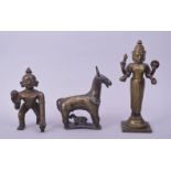 A COLLECTION OF THREE INDIAN BRONZES, including two figures of deities and a nandi bull (3).