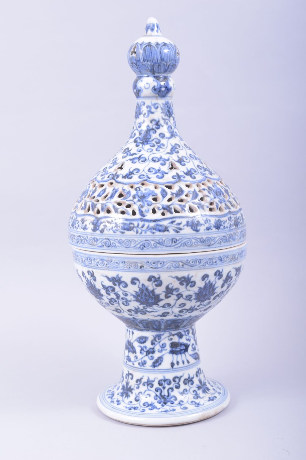 A LARGE CHINESE BLUE AND WHITE PEDESTAL CENSER WITH PIERCED COVER, for the Islamic market, profusely - Image 3 of 10