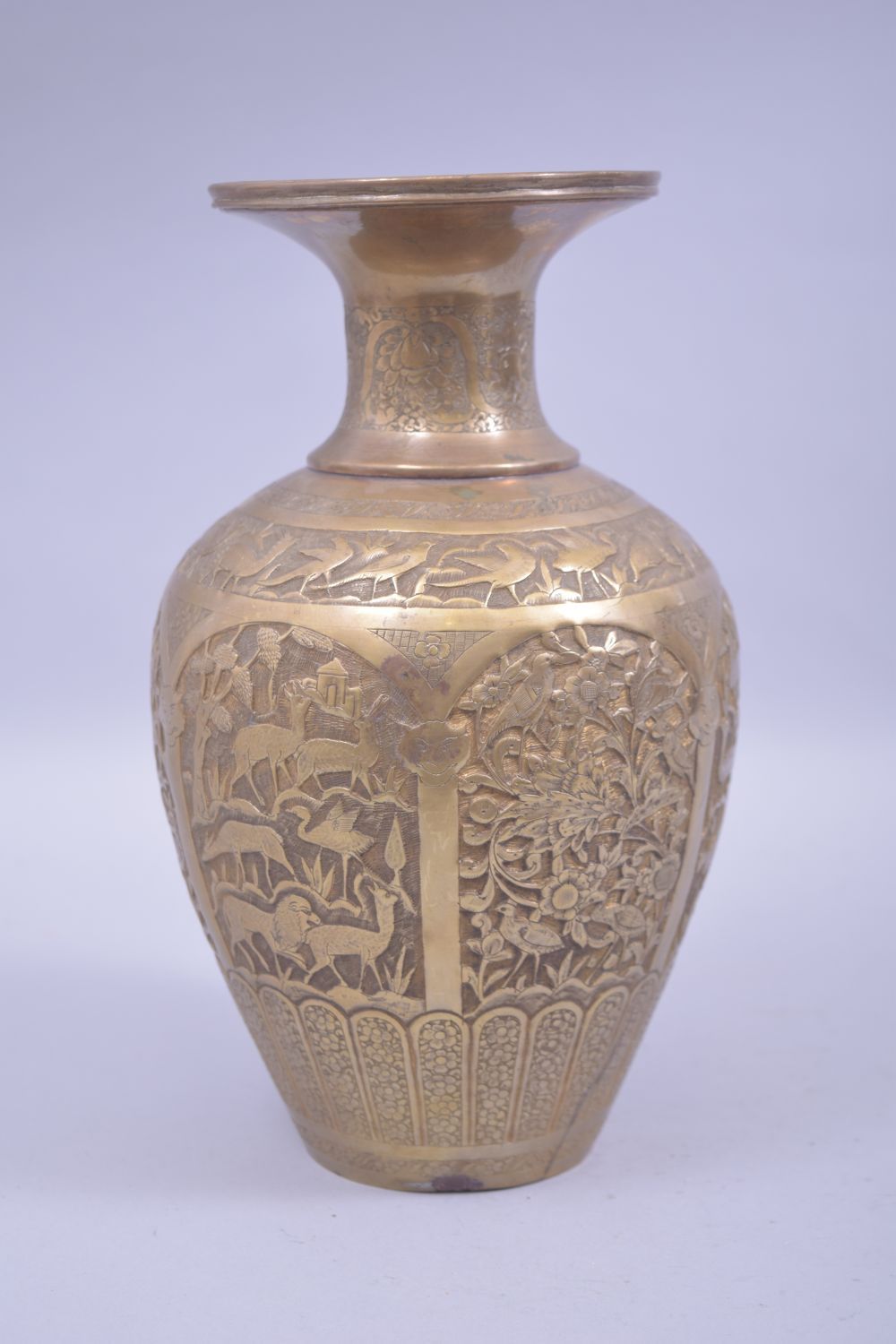 A PERSIAN BRASS RELIEF PANELLED VASE, with panels of animals amongst flora and birds, base soldered, - Image 2 of 6