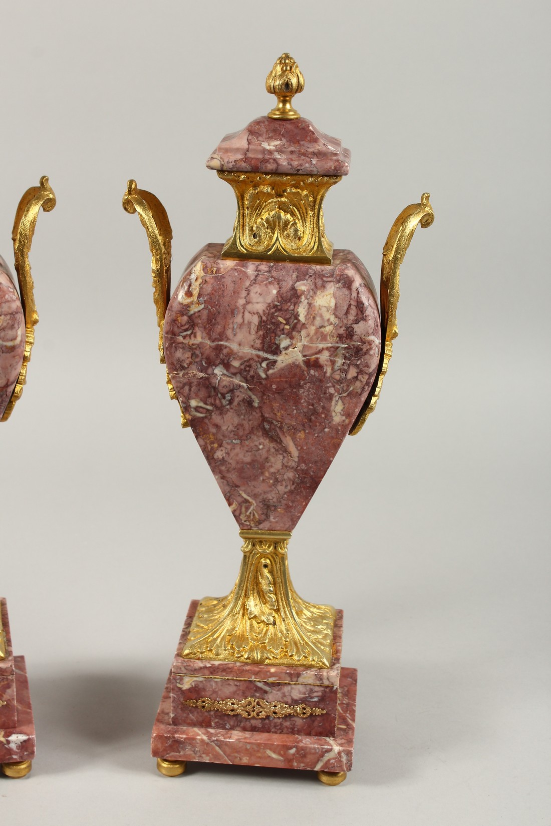 A GOOD PAIR OF MARBLE AND ORMOLU TWO HANDLED SIDE PIECES. 15ins high. - Image 3 of 6