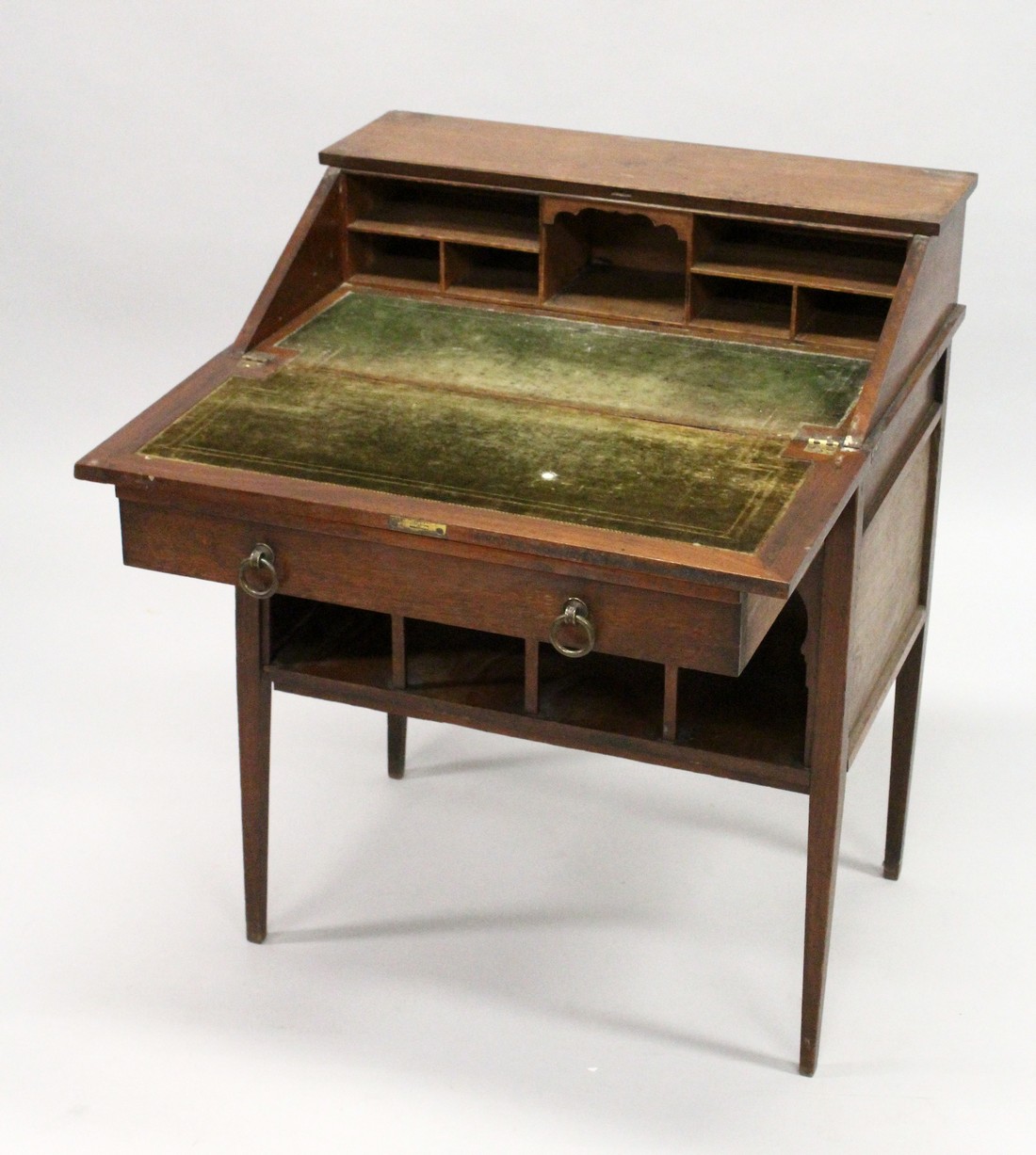 LIBERTY & CO. A SMALL ARTS AND CRAFTS WALNUT BUREAU, the fall front enclosing pigeon holes and a - Image 3 of 7