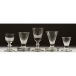 FIVE VARIOUS WINE GLASSES.