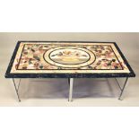 A SUPERB ITALIAN RECTANGULAR SPECIMEN MARBLE COFFEE TABLE inlaid with an oval of three doves and