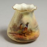 A ROYAL WORCESTER VASE with flared wavy rim painted with a brace of pheasants by Jas Stinton.