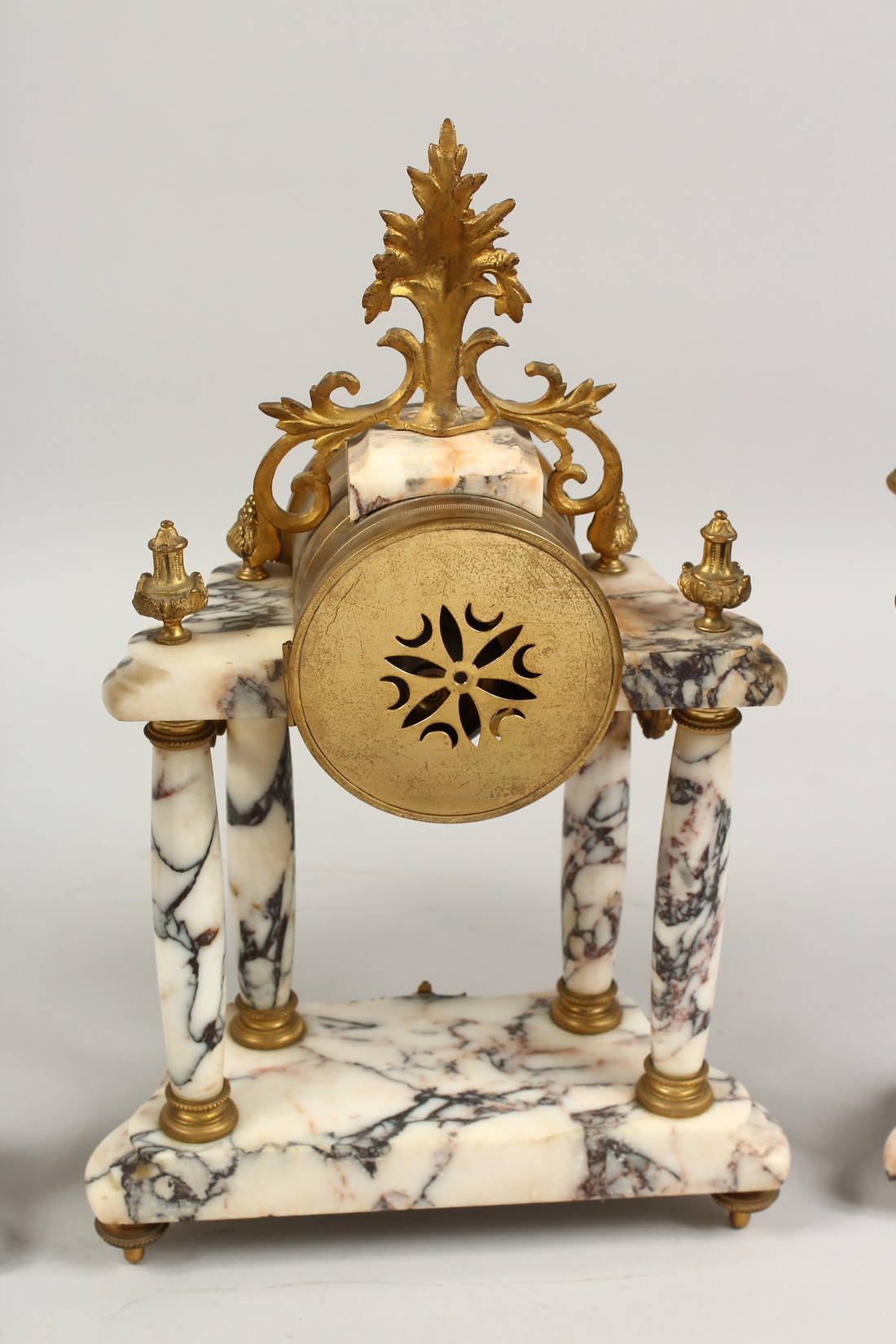 A LOUIS XVI DESIGN VEINED MARBLE AND ORMOLU CLOCK GARNITURE, the side pieces with four scrolling - Image 5 of 8