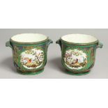 A GOOD PAIR OF 19TH CENTURY SEVRES PORCELAIN POTS dark blue ground edged in gilt and painted with