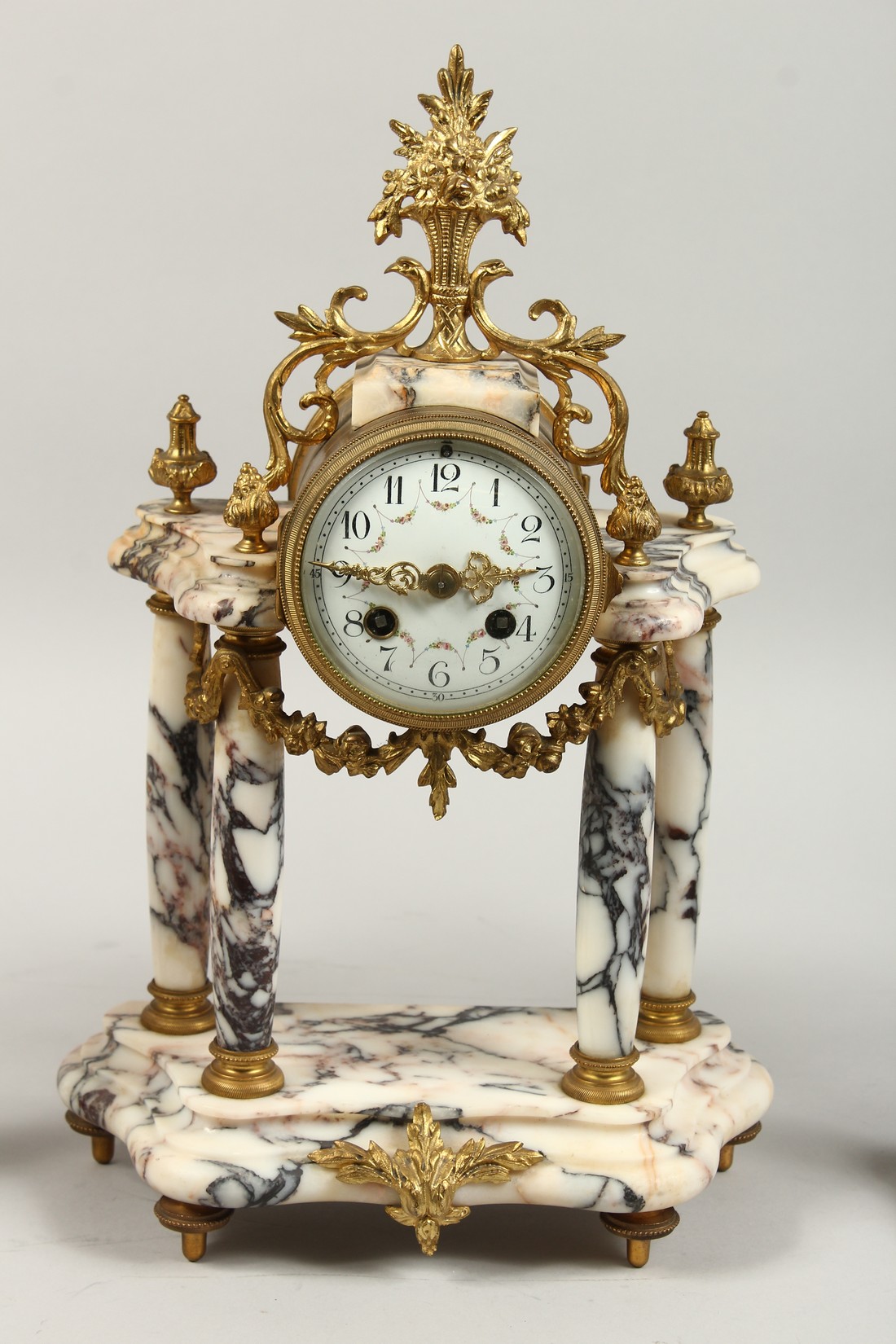 A LOUIS XVI DESIGN VEINED MARBLE AND ORMOLU CLOCK GARNITURE, the side pieces with four scrolling - Image 3 of 8