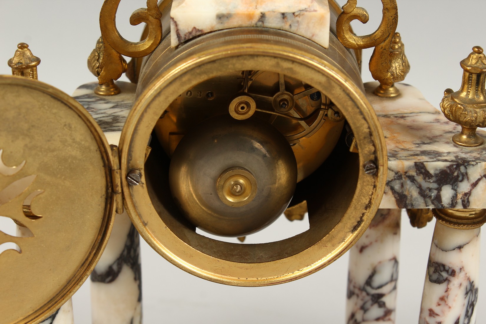 A LOUIS XVI DESIGN VEINED MARBLE AND ORMOLU CLOCK GARNITURE, the side pieces with four scrolling - Image 6 of 8