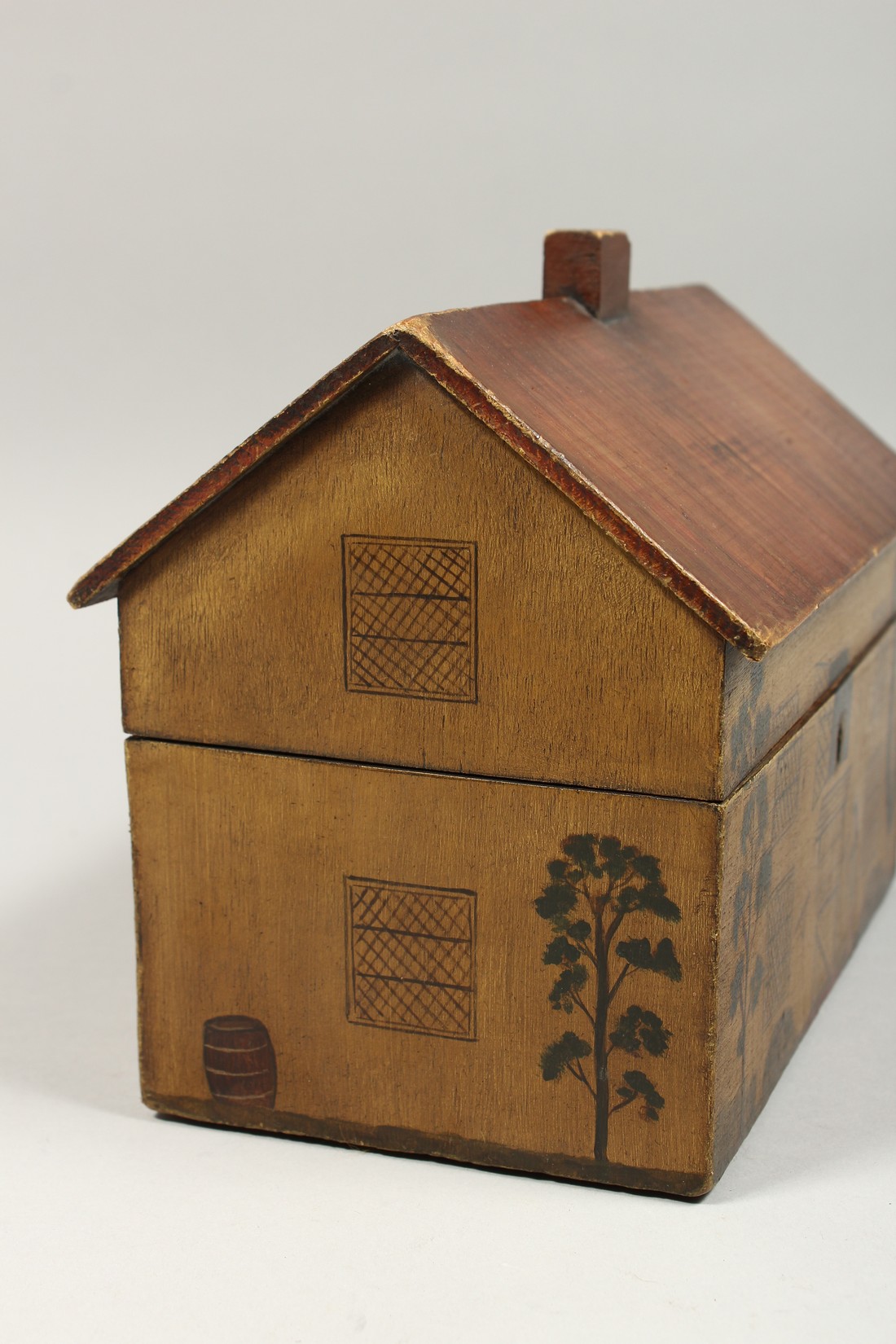 A RARE TWO DIVISION HOUSE/ COTTAGE TEA CADDY, the front painted with door, windows, a woman - Image 2 of 8