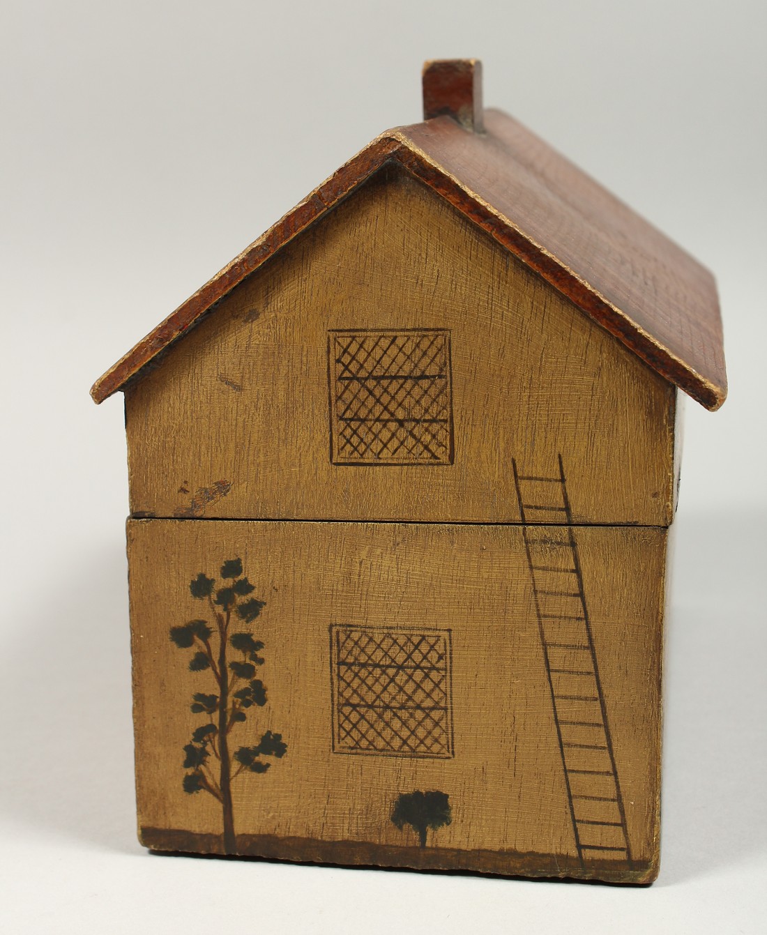 A RARE TWO DIVISION HOUSE/ COTTAGE TEA CADDY, the front painted with door, windows, a woman - Image 4 of 8
