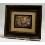 A 19TH CENTURY FRAMED CLASSICAL ENAMEL PLAQUE, Diana with her attendants. 8cm x11cm.