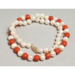 A 14CT GOLD CORAL AND PEARL NECKLACE