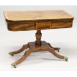 A GOOD REGENCY MAHOGANY FOLD OVER TEA TABLE OF 'D' SHAPE, the top cross banded with satinwood and