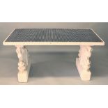A SUPERB PAINTED STONE CANADIAN RECTANGULAR TABLE with blue squares to the top. 6ft long x 2ft
