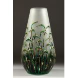 AN ART DECO TAPERING FROSTED PAINTED GLASS VASE. 10ins high.