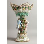 A GOOD LARGE LATE 19TH CENTURY MEISSEN COMPORT, with a floral encrusted pierced basket, supported by