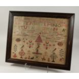 A FRAMED AND GLAZED SAMPLER, Morish Goodrich. 16ins x 21ins.