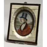 A GOOD PORTRAIT MINIATURE, half-length of a young lady wearing a top hat, a duck flying from a lake.