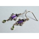 A PAIR OF SILVER-PLATED PERIDOT, DIAMOND, AND AMETHYST EARRINGS.