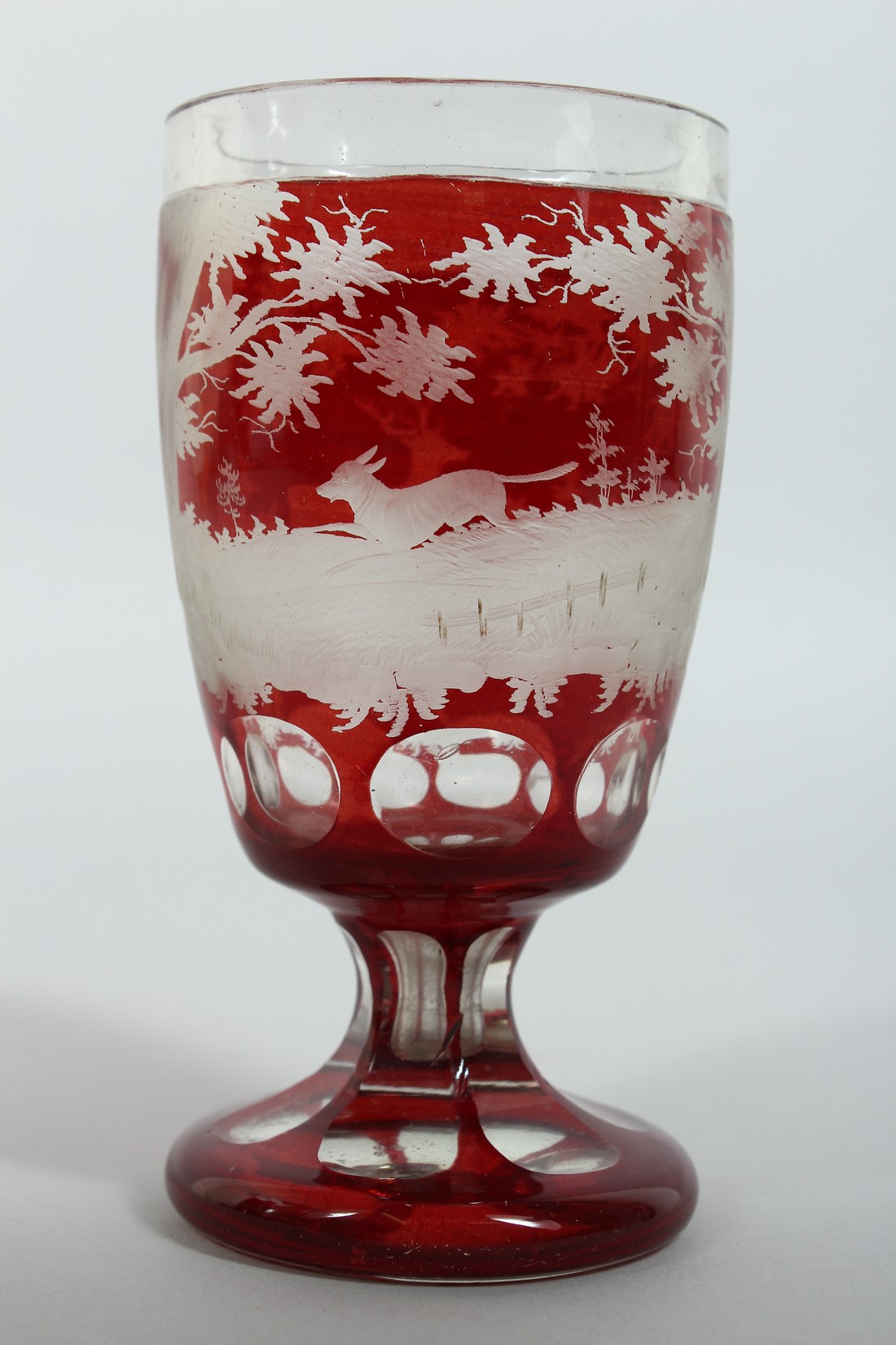 A GOOD BOHEMIAN GOBLET engraved with deer in a landscape on a circular base. 5.5ins high. - Image 3 of 7