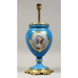 A GOOD 19TH CENTURY, POSSIBLY SEVRES, PAINTED LAMP with ormolu mounts and painted with a portrait of
