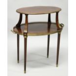 A VERY GOOD 19TH CENTURY MAHOGANY OVAL AND TWO TIER ETAGERE, with brass banding and gallery on