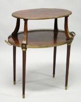 A VERY GOOD 19TH CENTURY MAHOGANY OVAL AND TWO TIER ETAGERE, with brass banding and gallery on