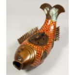 A LARGE CLOISONNE FISH CENSER AND COVER. 12ins long.